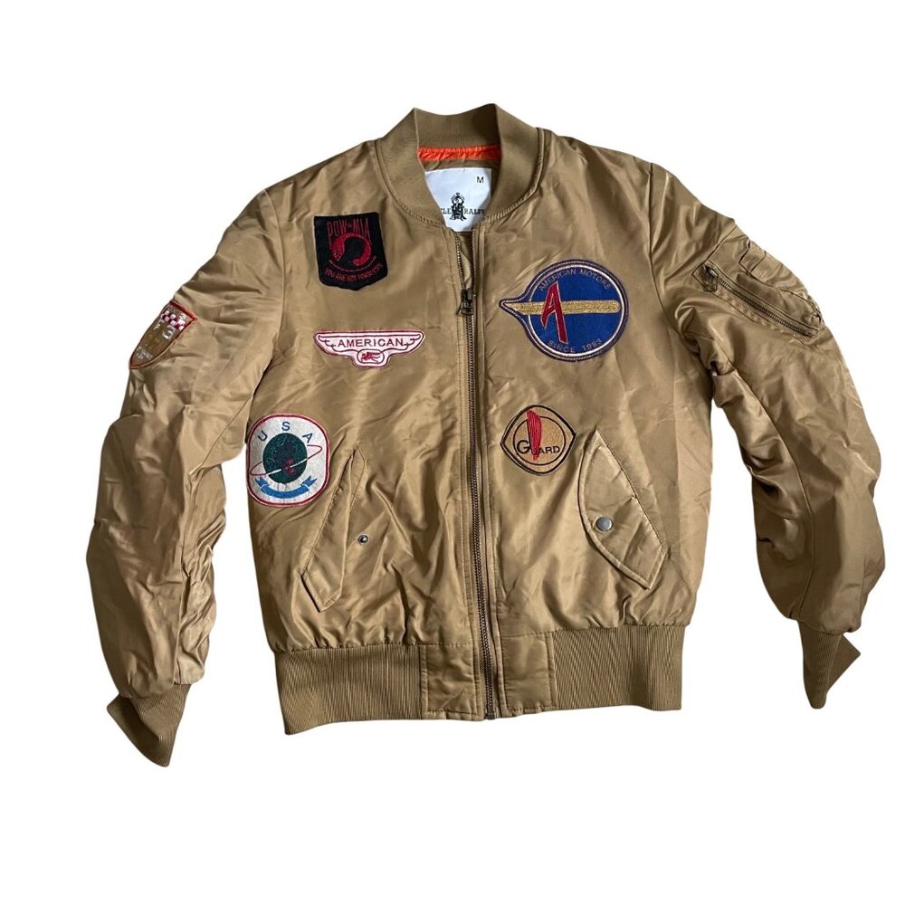 Uncle Ralph Mens Medium Bomber Jacket With Embroidered Patches Beige & Orange